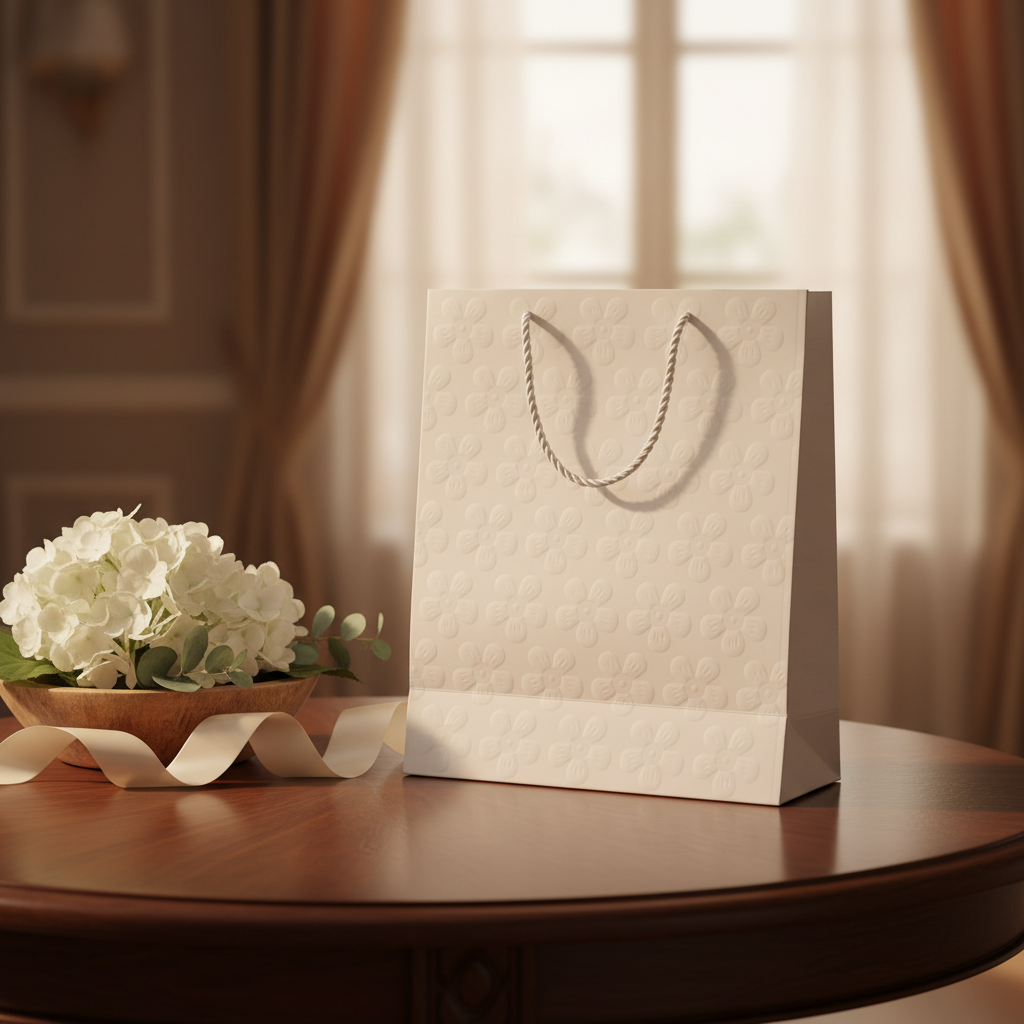 White Embossed Flower Paper Gift Bag | Premium Luxury Packaging Bag with Rope Handles | 30×25cm |
