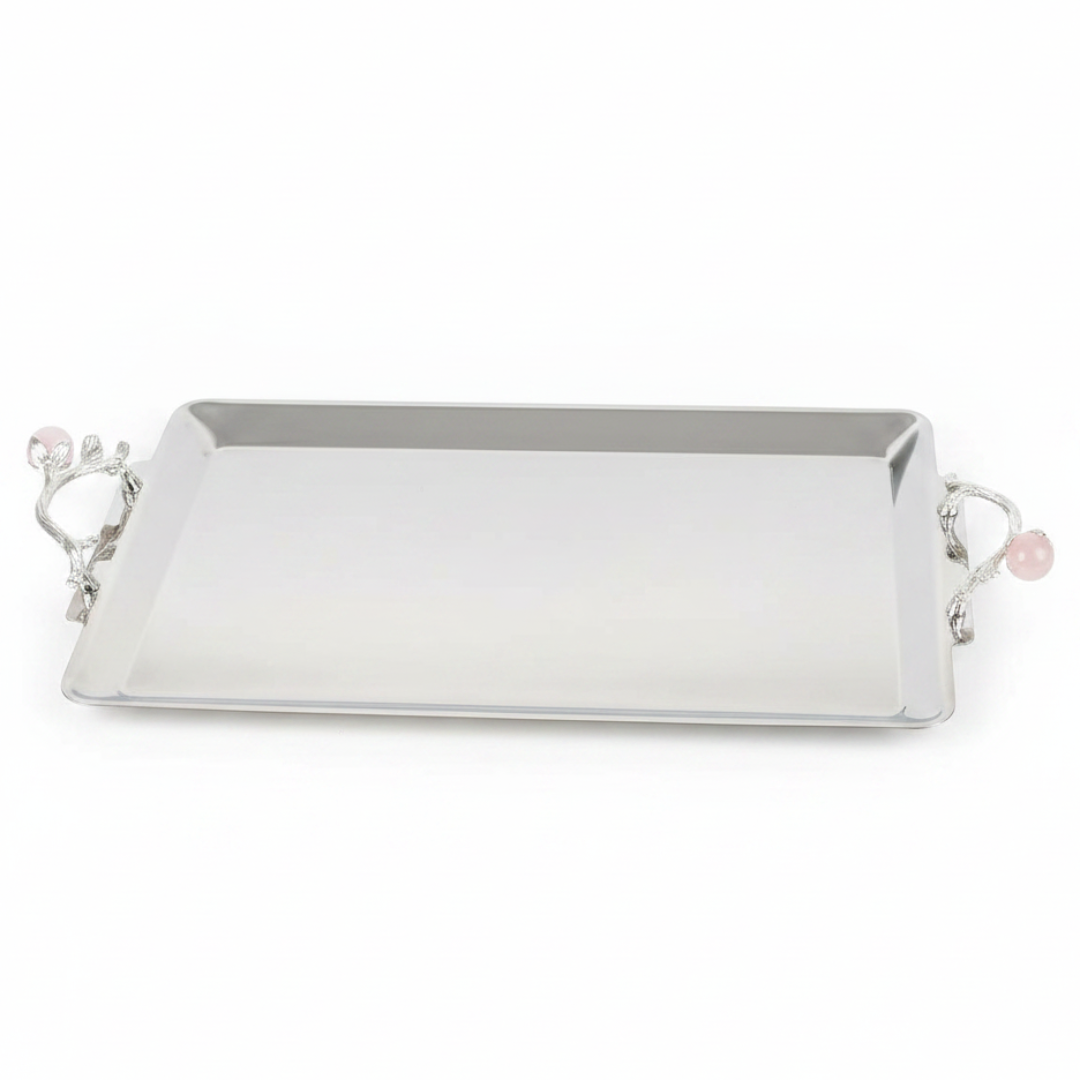 Silver Stainless Steel Rectangle Cake Tray with Ornate Handles — 40×25 cm |