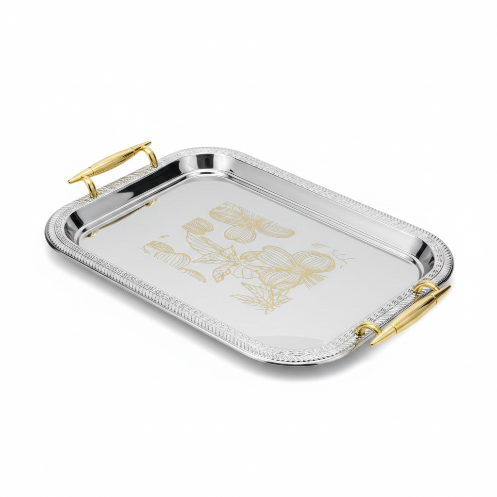 Maximan Premium Silver & Gold Stainless Steel Serving Tray with Handles — 40×29 cm