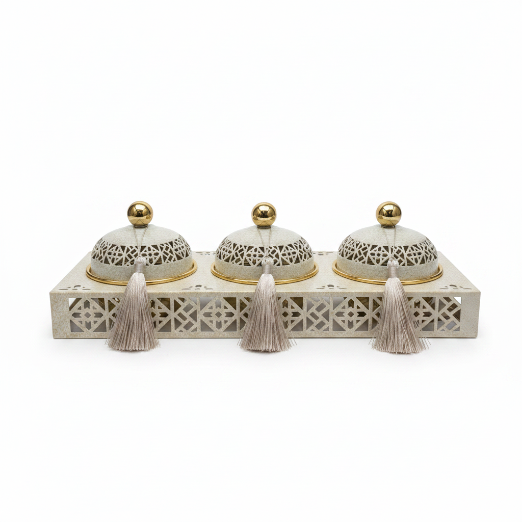 Cream & Gold Arabesque Candy Bowl with Holder — 3 Pcs Set - 40×15 cm