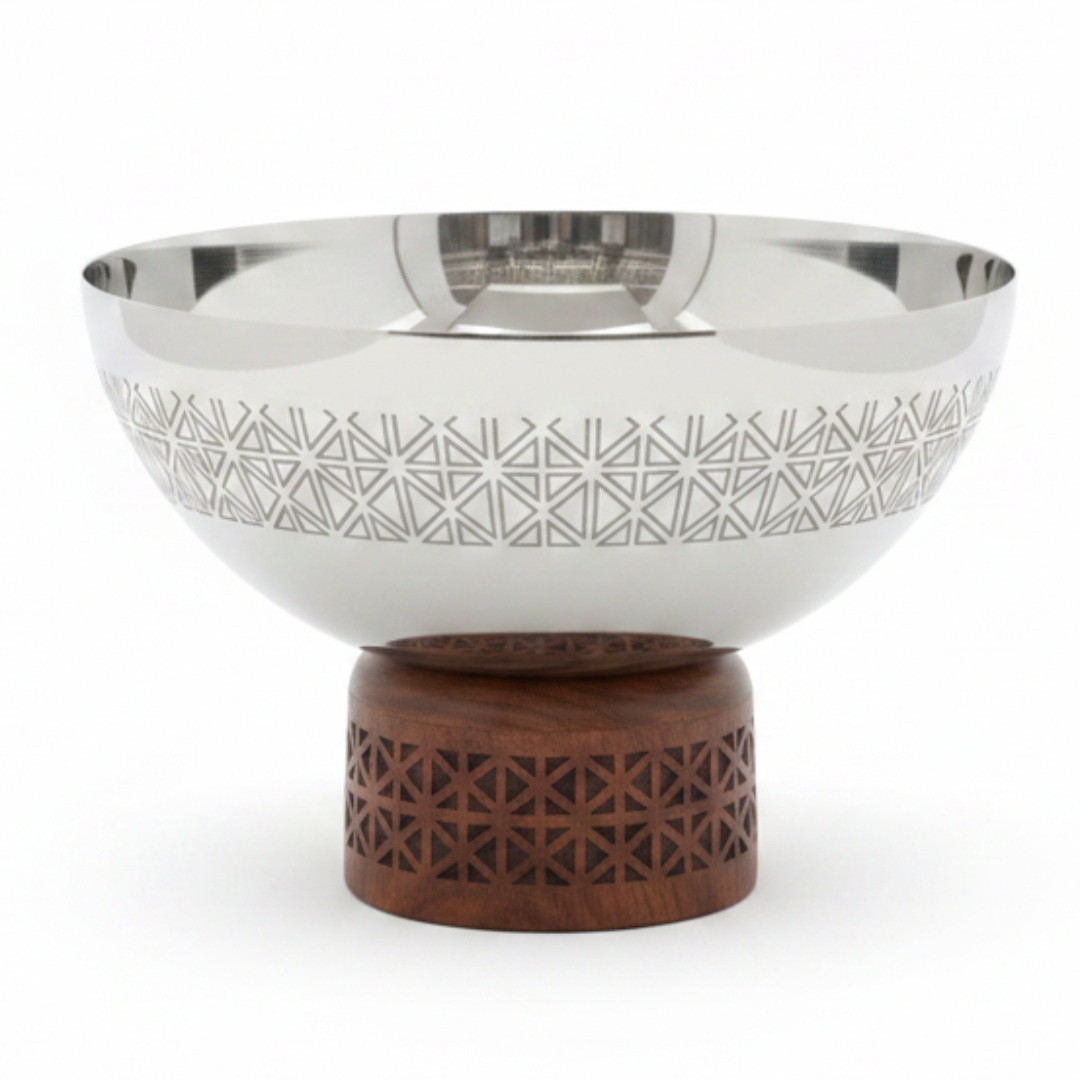Luhpar Brown Wooden Footed Silver Stainless Steel Serving Bowl - 13×18 cm