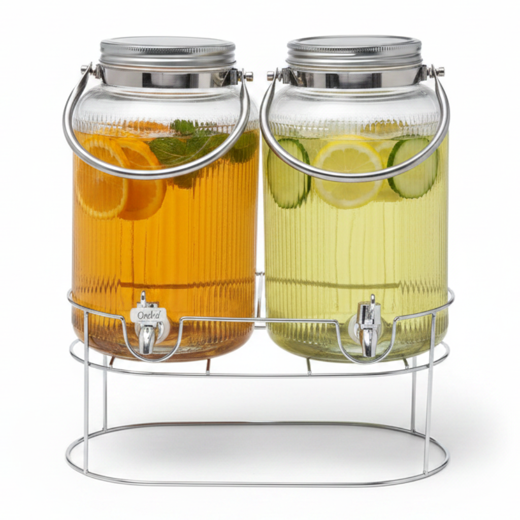 Orchid Glass Beverage Dispenser Set with Metal Stand & Handle — 4L × 2 (8L Total)