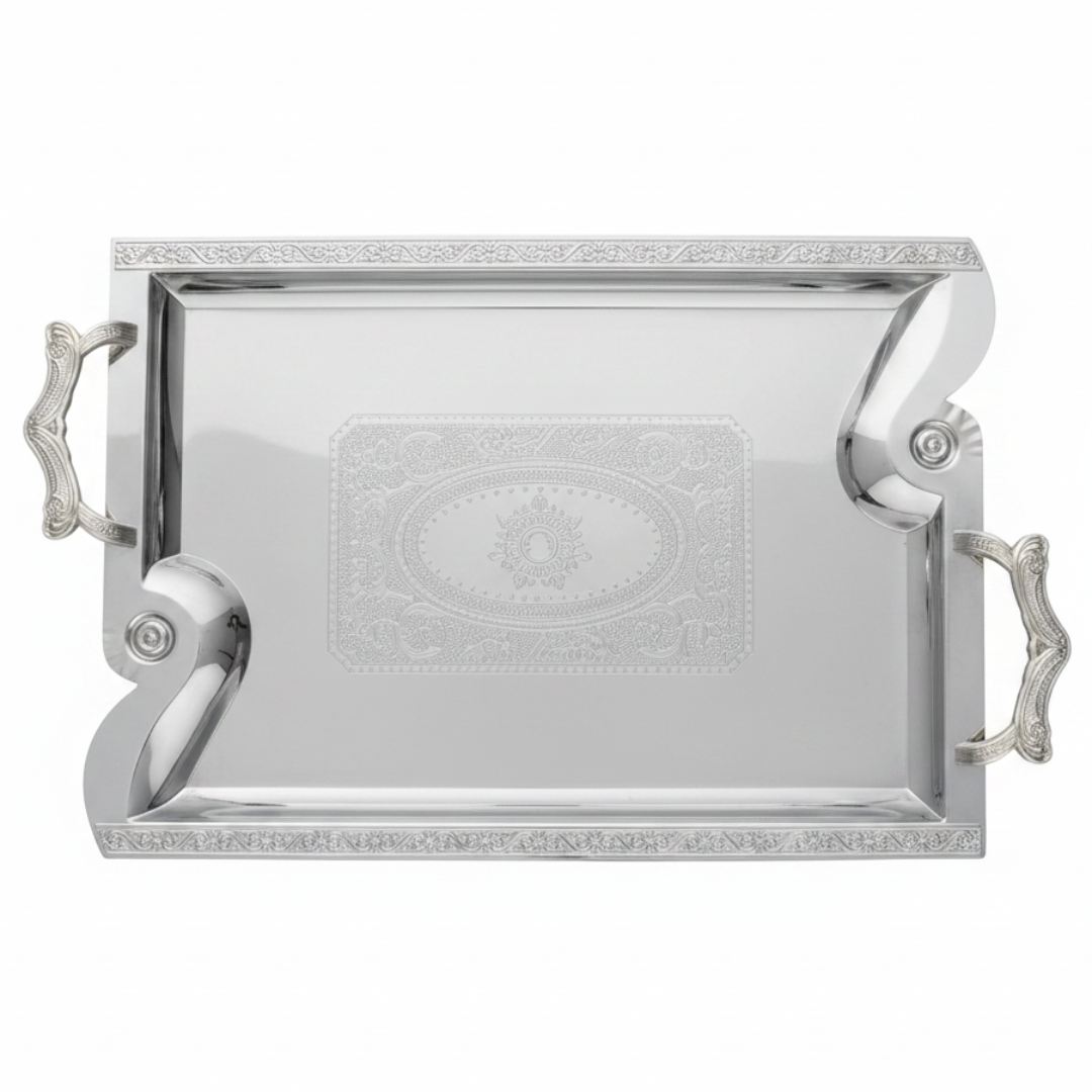 Maximan Silver Stainless Steel Serving Tray | 48 × 34.5 cm | Premium Engraved Design with Handles