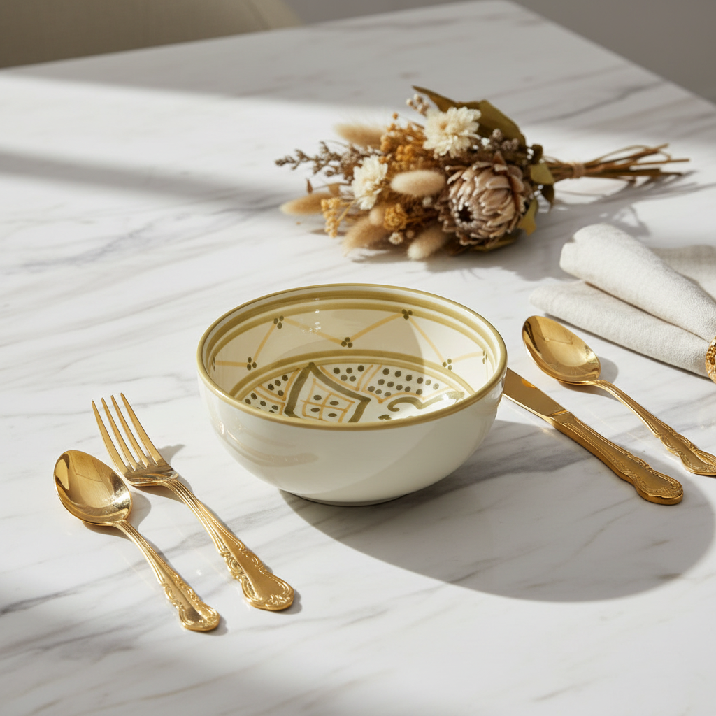 Slama Cream & Olive Gold Ceramic Soup Bowl - 13cm