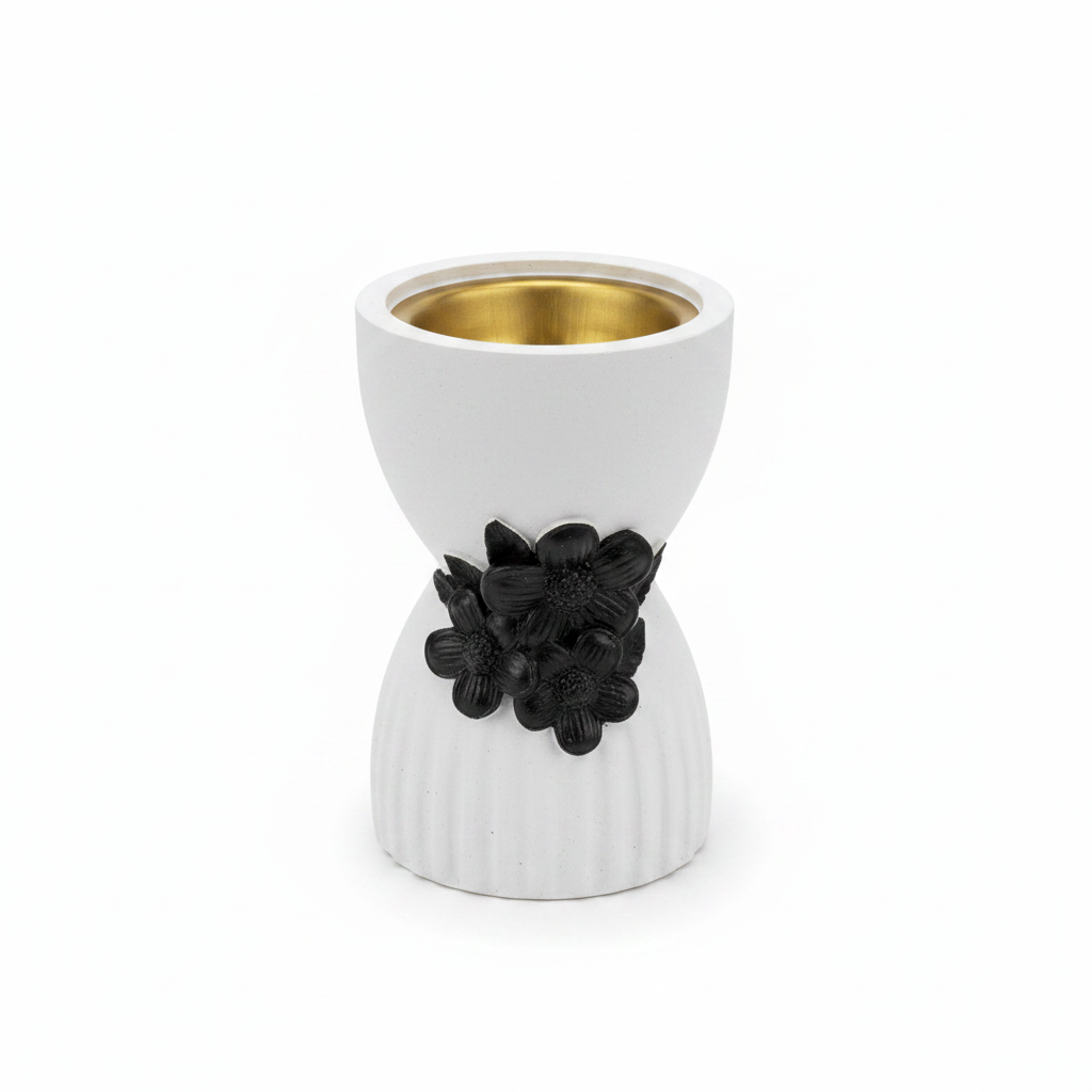 Chalk Incense Burner With Black Floral Accent- 10×6cm - White / Cream