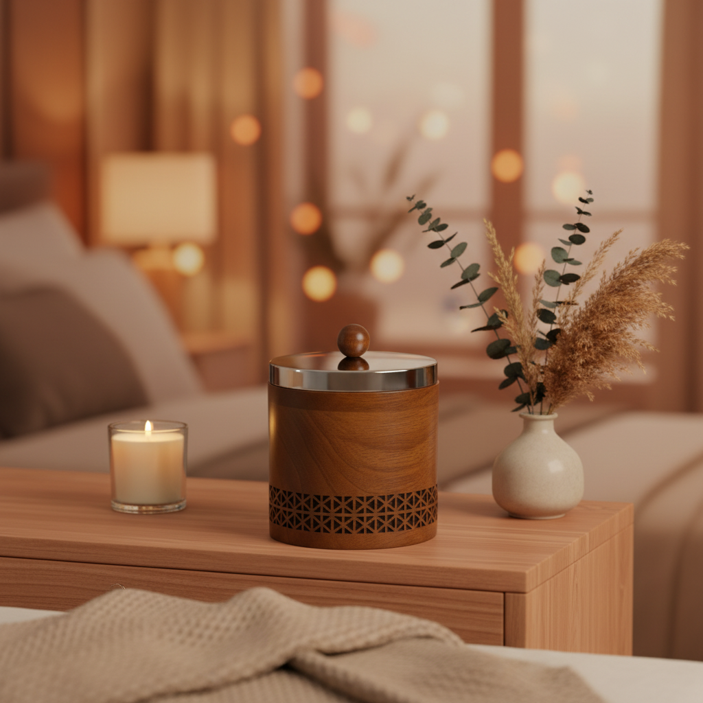 Luhpar Brown Wooden Jar with Silver Stainless Steel Lid — 13×13cm