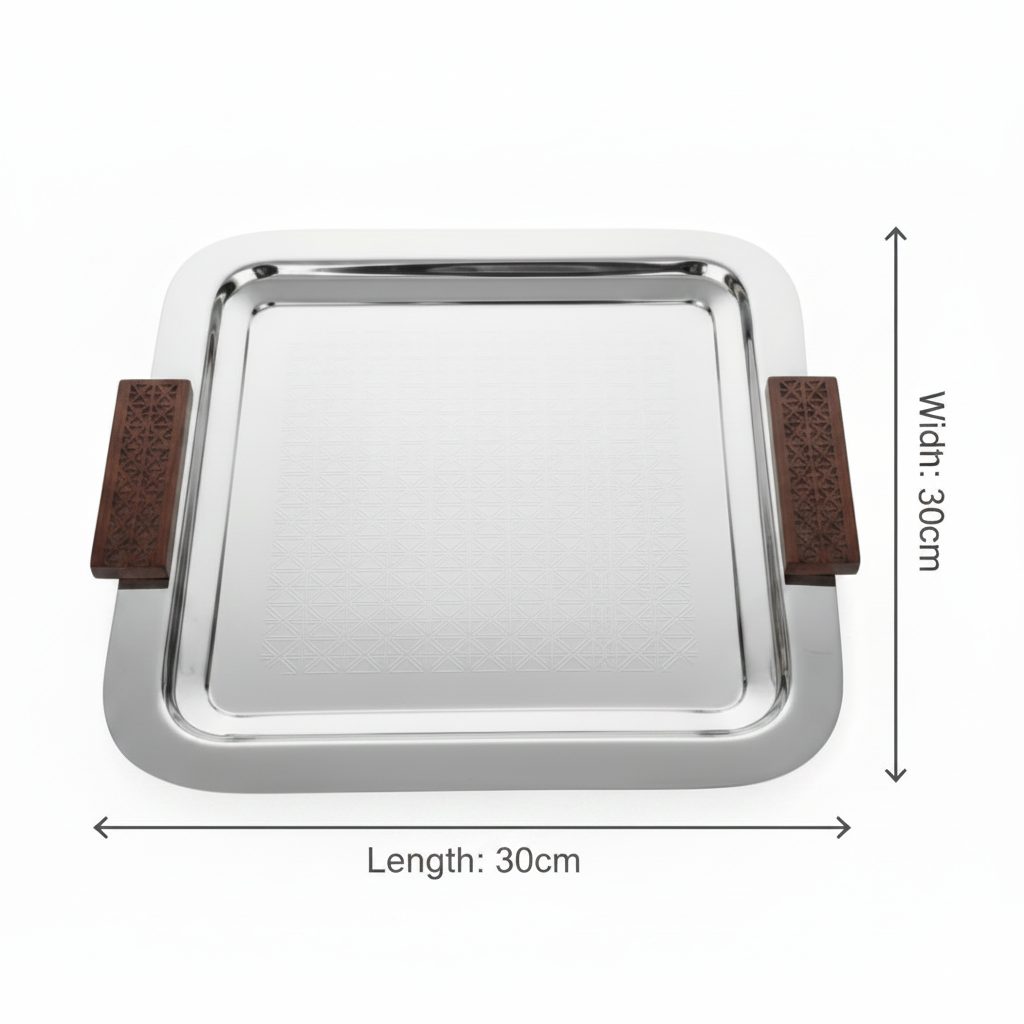 Luhpar Silver Square Stainless Steel Serving Tray with Wooden Handles – 30×30cm