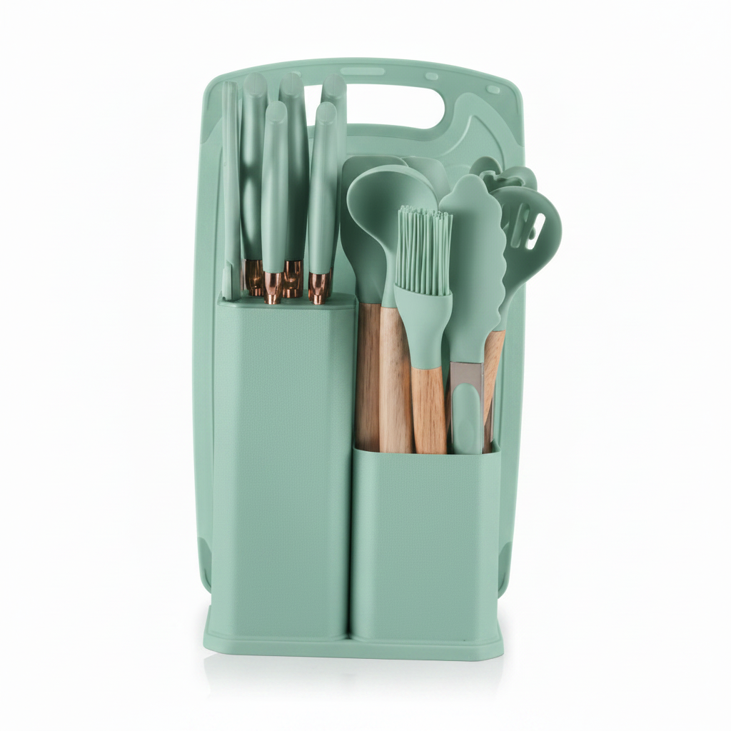 19-Piece Silicone Kitchen Utensil Set with Knife Block & Cutting Board — Assorted Colors