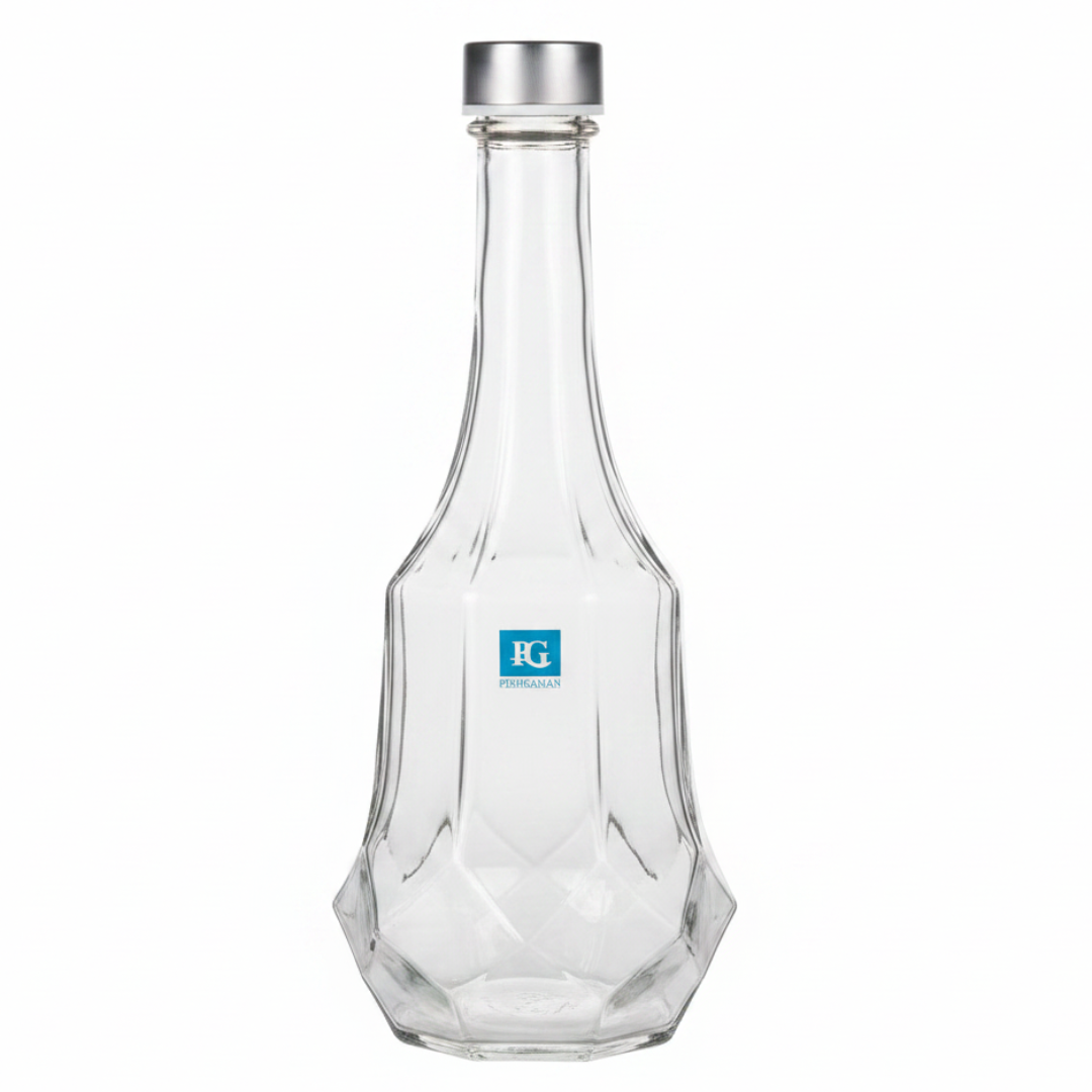 Pishgaman Elegant Faceted Clear Glass Water Bottle 1500ml – Premium Hexagonal Design with Secure Silver Metal Cap