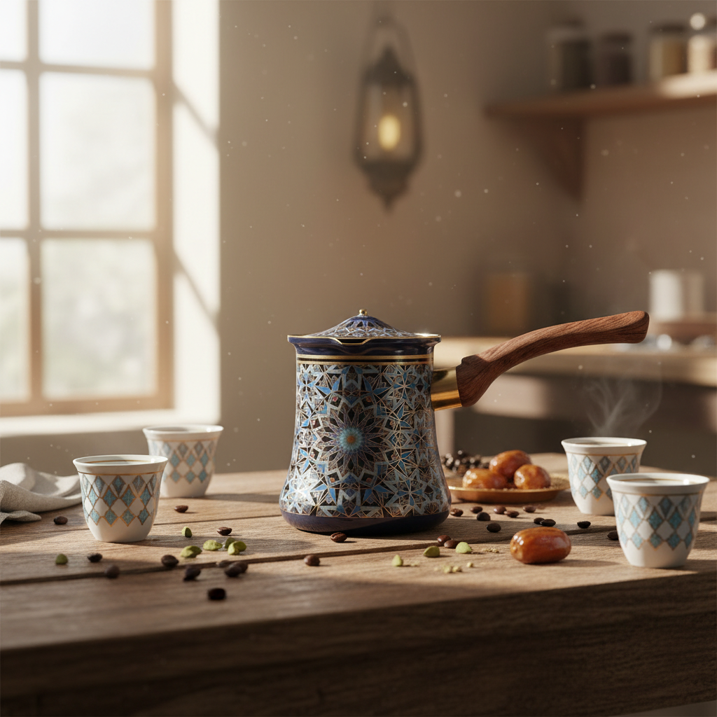 Blue & Black Decorative Metal Coffee Warmer with Mosaic Islamic Geometric Pattern, Wooden Handle & Lid – 600ml