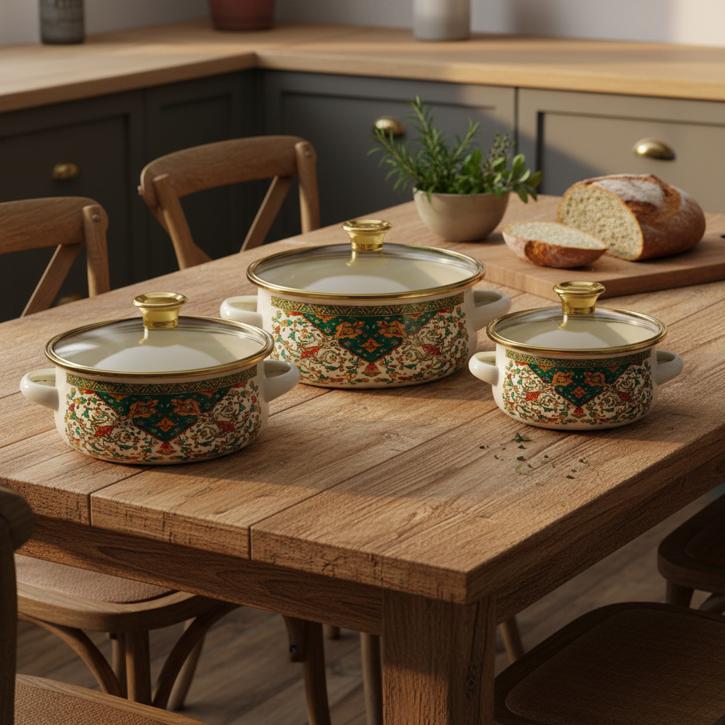 Cream 3-Piece Enamel Casserole Set with Floral Design - 12 cm / 14 cm / 16 cm