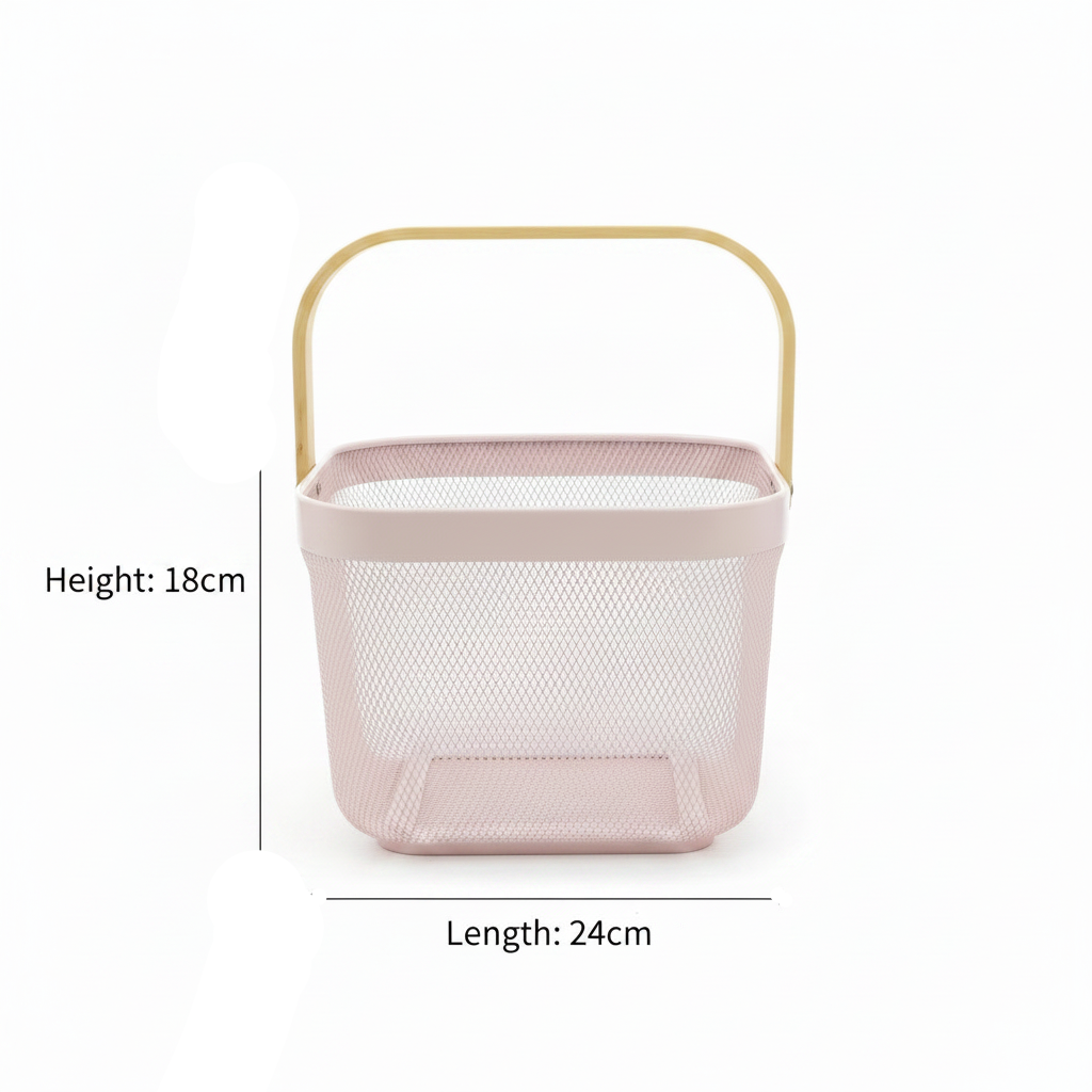Lizhi Metal Mesh Basket with Wooden Handle — 18×24cm - Pink / Grey / Light Green / Cream