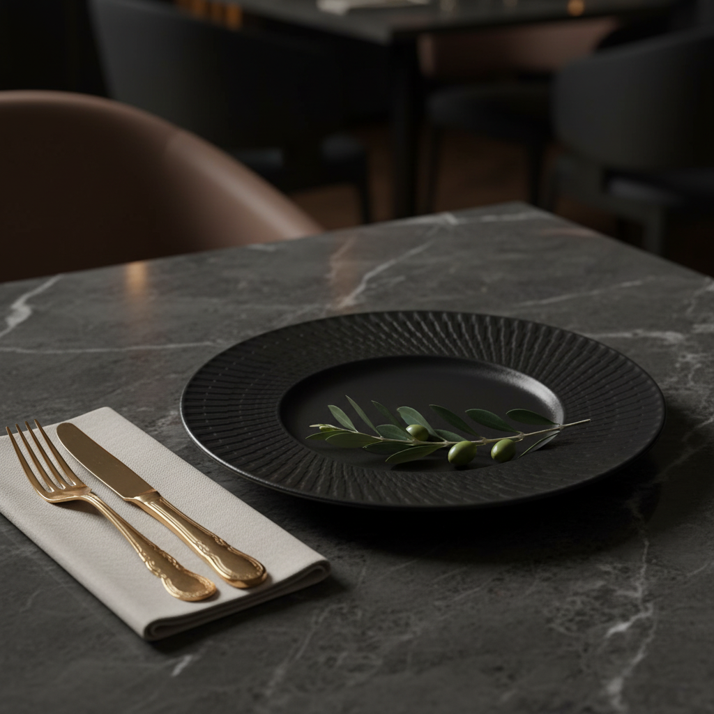 Black Ceramic Round Dinner Plate with Embossed Radial Rim – 10.5 Inch
