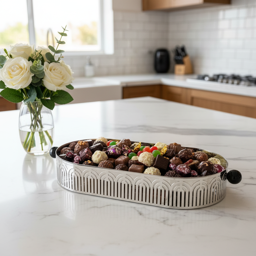 Silver Metal Oval Candy & Serving Tray with Elegant Black Handles | Ornate Arch Cutout Design | 30×15cm |
