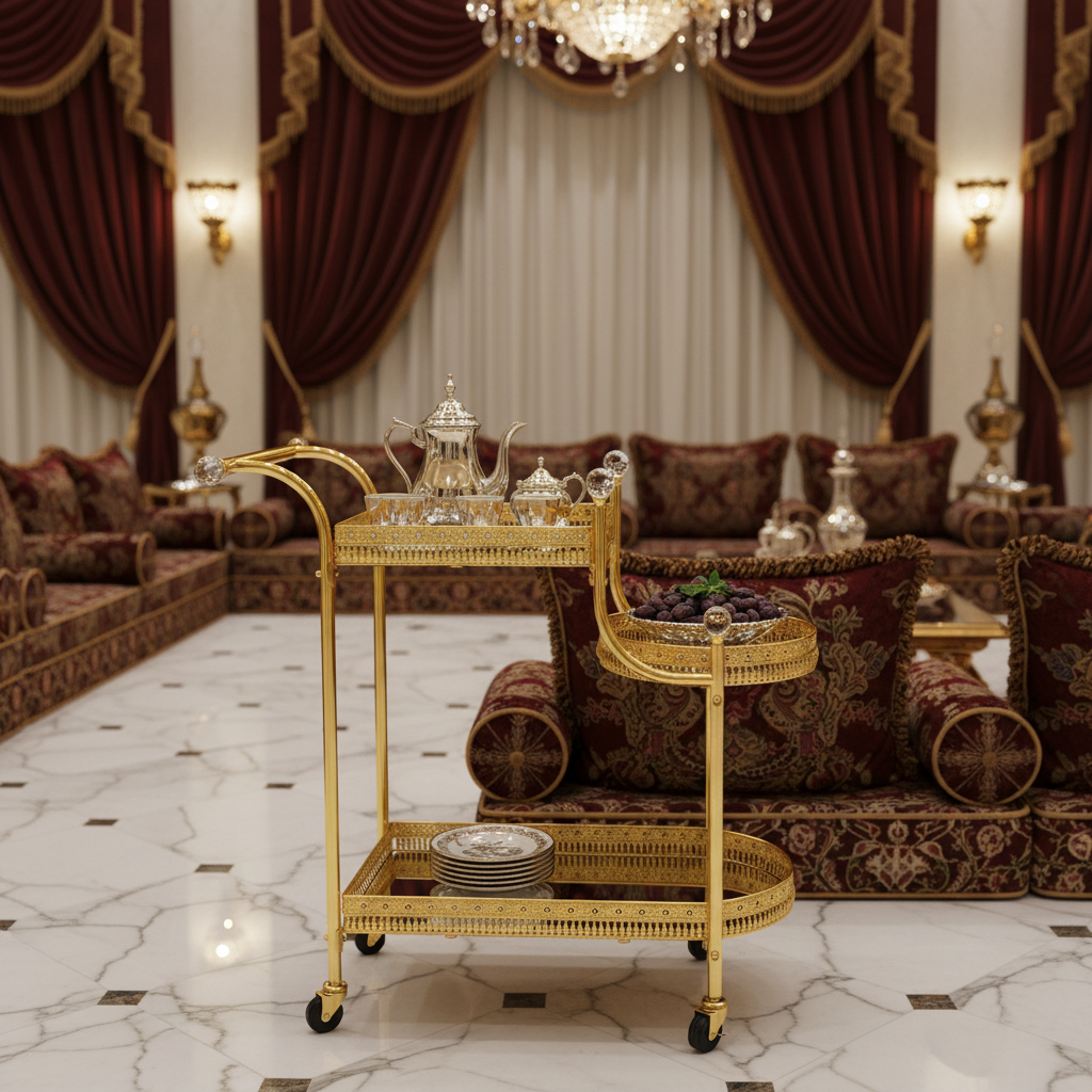 Pilsco 3-Tier Gold Metal & Mirrored Glass Serving Trolley Cart with Crystal Finials & Ornate Filigree Design | Luxury Hospitality & Majlis Tea Trolley on Wheels | 70 x 60 x 34 cm