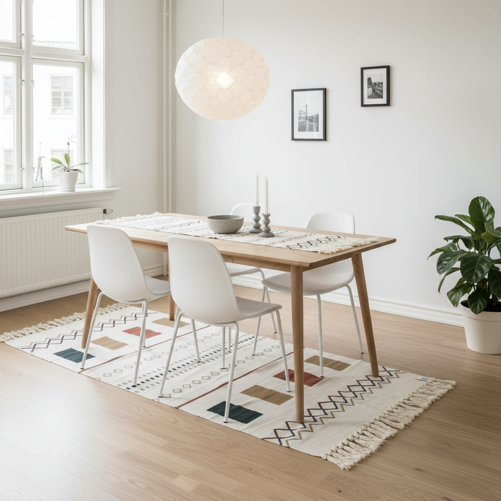 Handwoven Moroccan-Style Geometric Runner Carpet | 50% Cotton 50% Polyester | Cream with Fringe Tassels | 60 x 150 cm