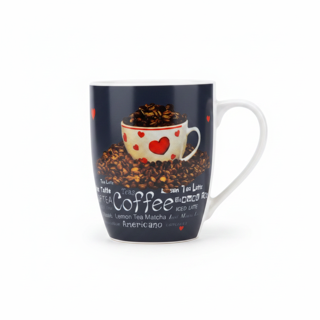 Navy Blue Heart & Beans Print Ceramic Mug - 300ml