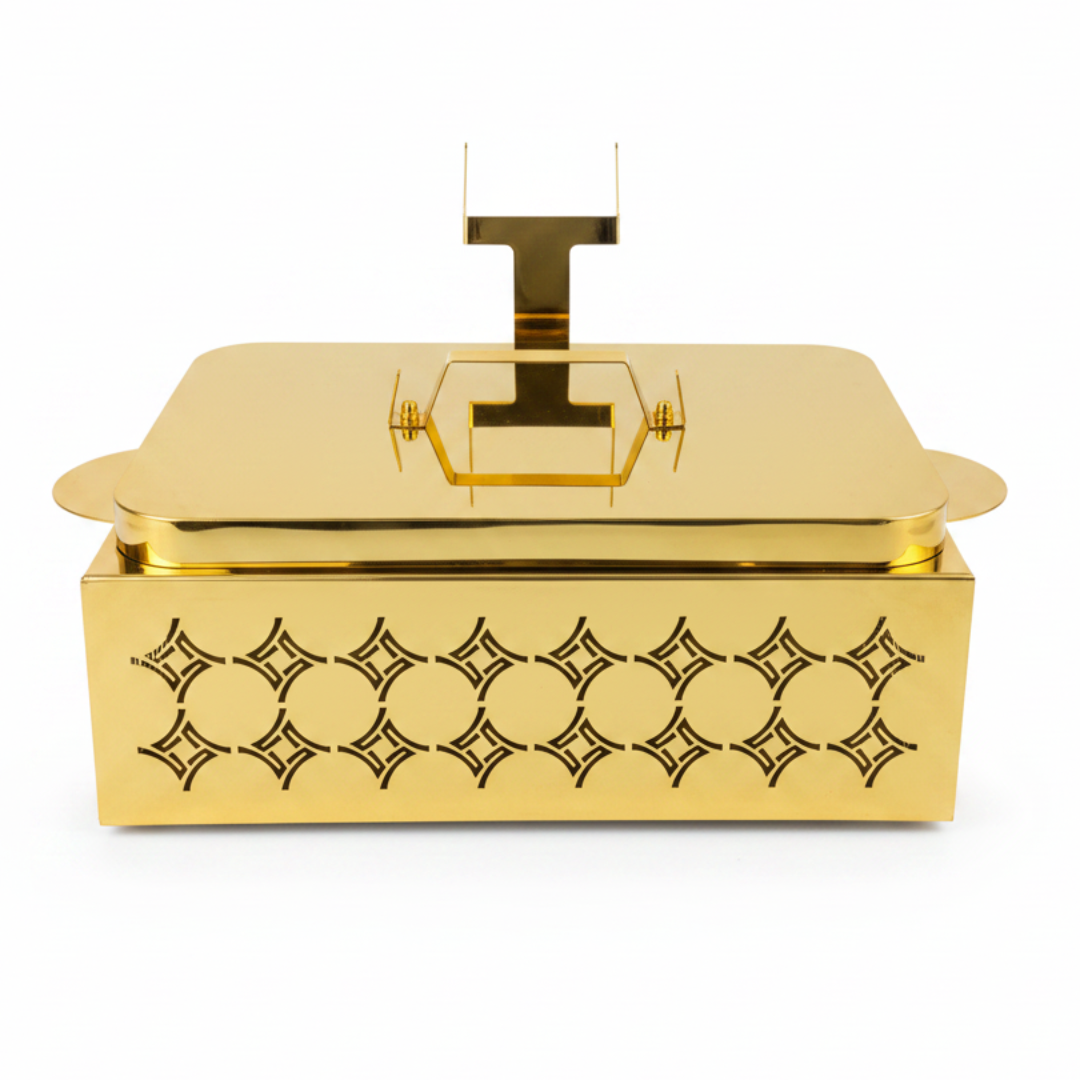 Pilsco Golden Stainless Steel Rectangle Casserole with White Ceramic Inner Dish and Warmer Rack 12 Inch