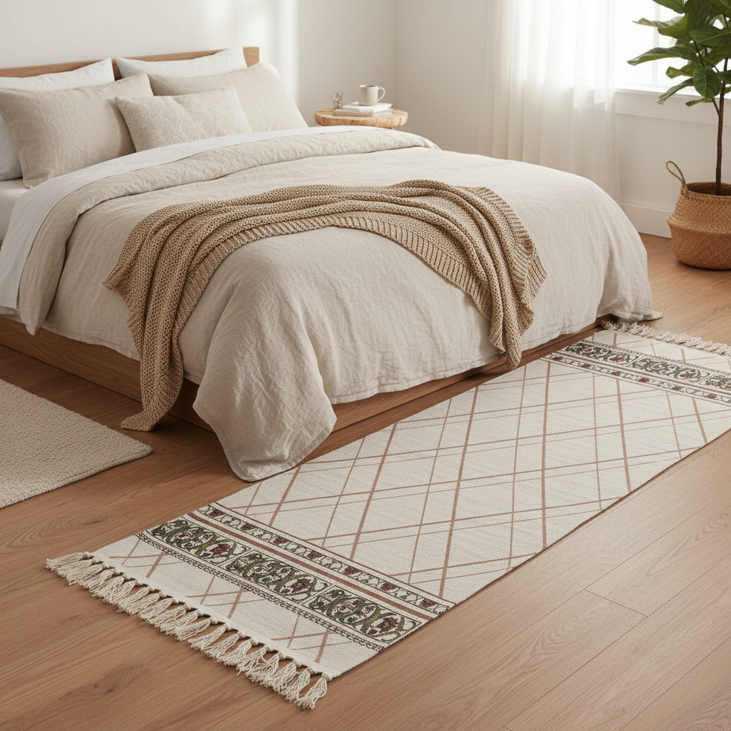 Handcrafted Diamond Lattice Runner Carpet | 50% Cotton 50% Polyester | Fringe Border Rug | 60 x 180 cm | Cream Beige | Majlis, Hallway & Bedroom Décor