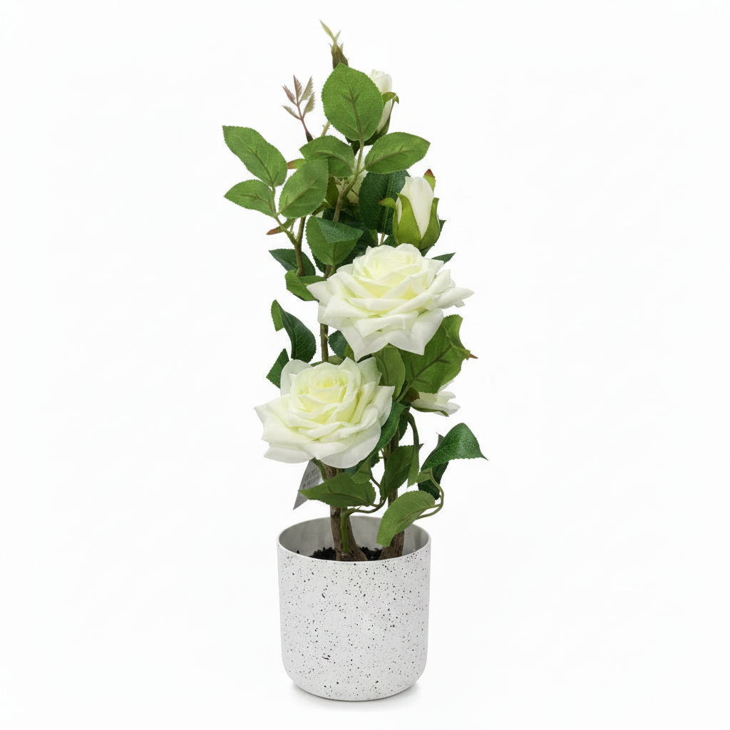 Marcolo Artificial White Rose Bonsai Plant with Speckled Plastic Pot - 40cm
