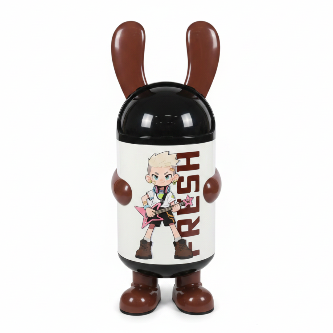 Italo Cartoon Character Plastic Trash Can with Black Lid – White & Brown, 70cm