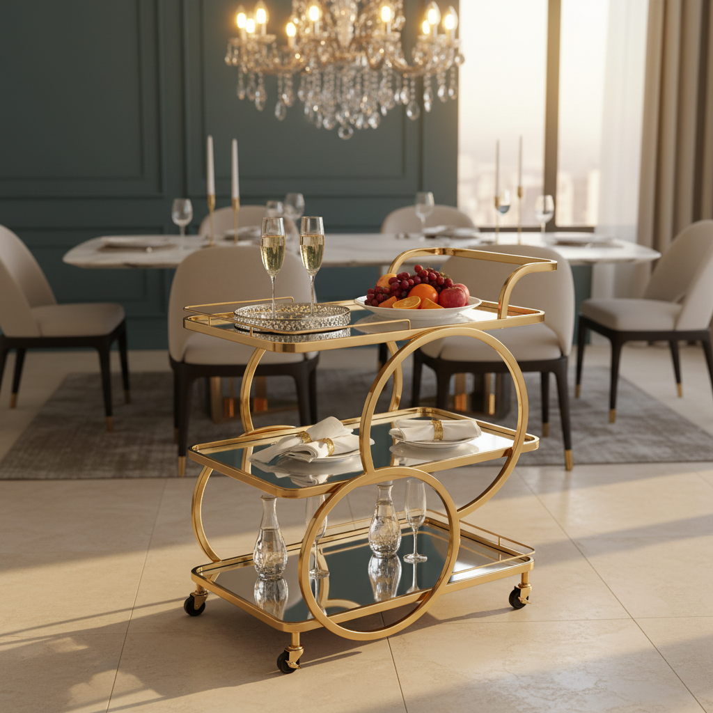 Life Smile 3-Tier Gold Metal & Glass Serving Trolley | Luxury Majlis Cart with Swivel Wheels | 80×70×40 cm |