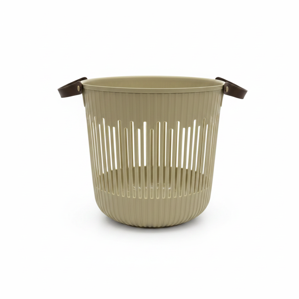 Plastic Laundry Basket with Handle - 30×35 cm - Light Brown / Olive Green / Beige