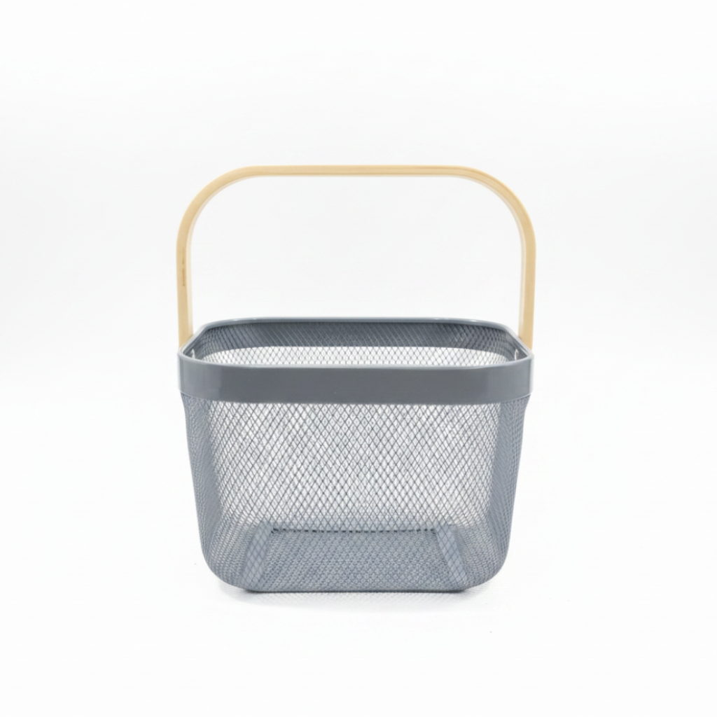 Lizhi Metal Mesh Basket with Wooden Handle — 18×24cm - Pink / Grey / Light Green / Cream