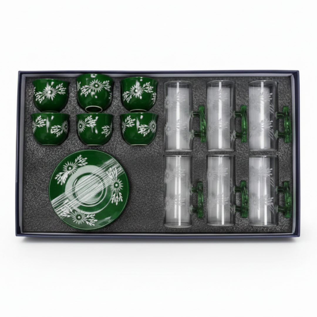 Ameco Ceramic18-Piece Tea & Coffee Set – Green Floral Edition 80ml,120ml