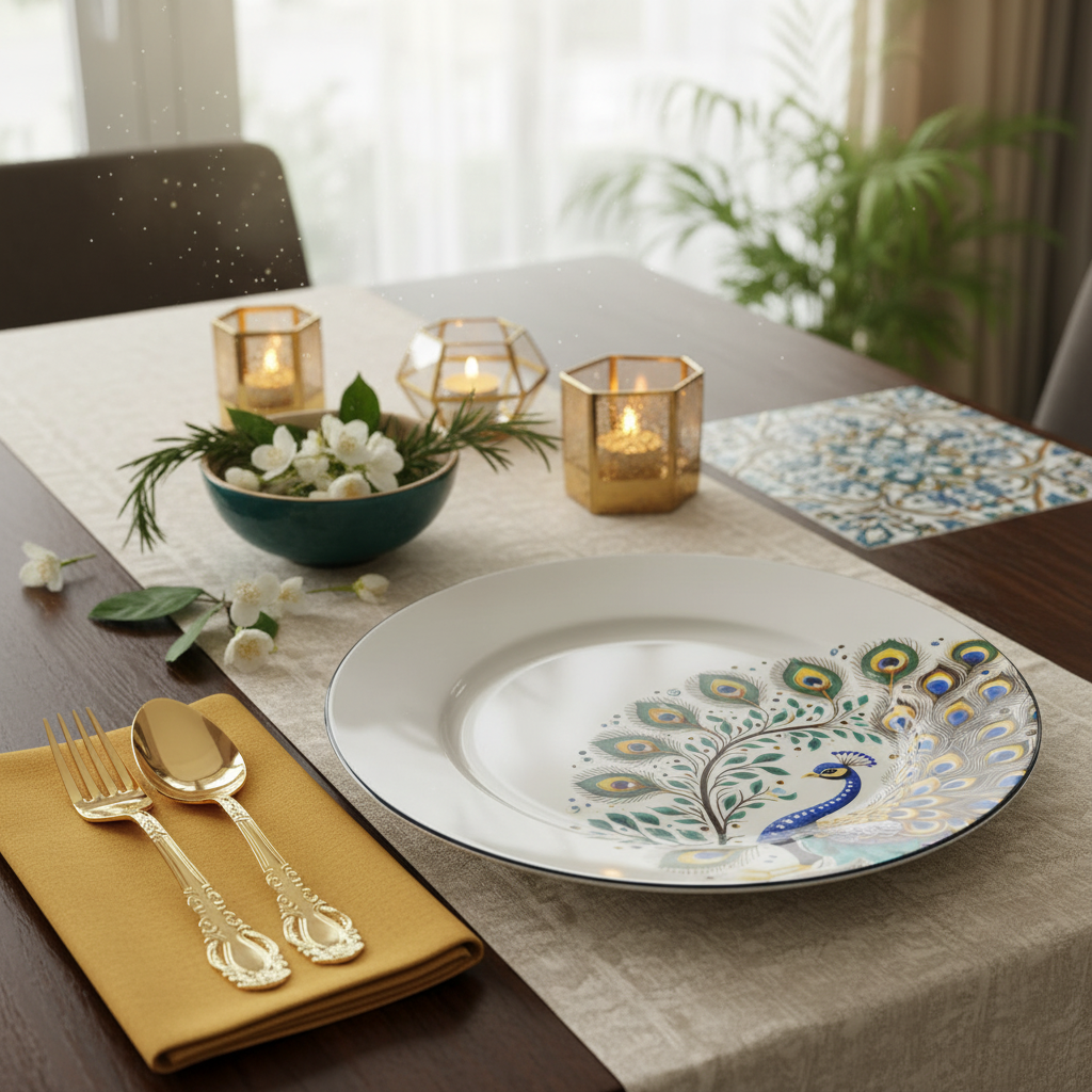 Luhpar White Ceramic Dinner Plate 12 Inch with Peacock Design