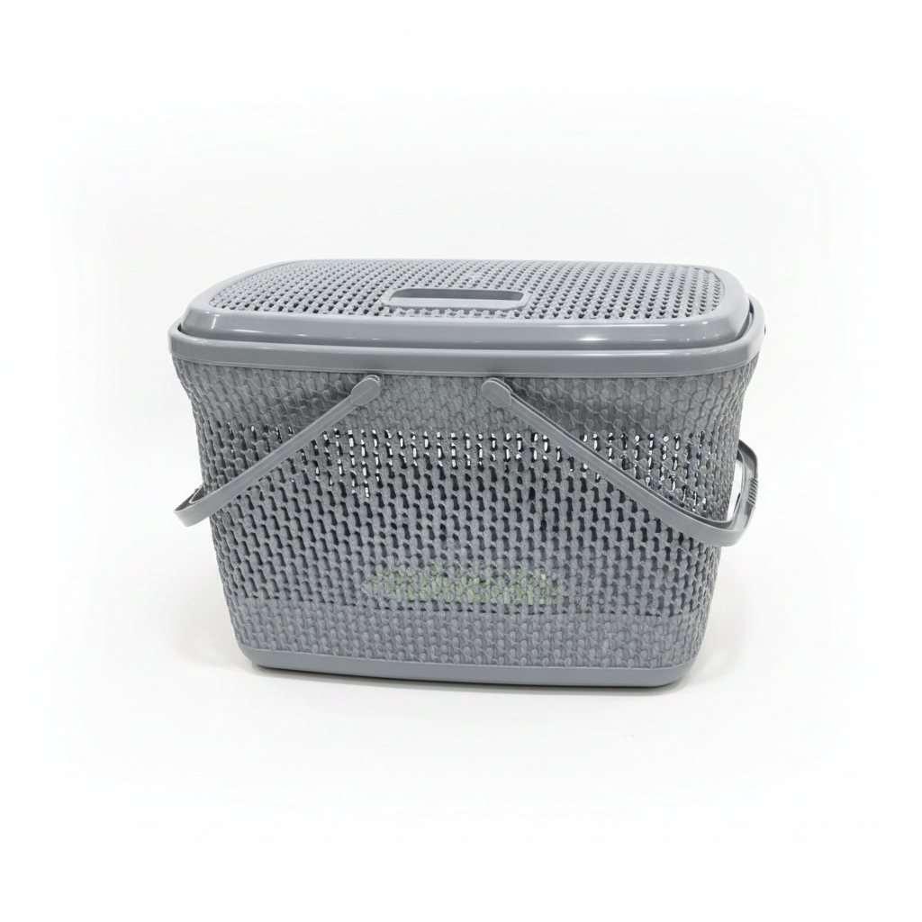 Polytime Plastic Picnic Basket with Lid & Handles - 30 × 45 × 35cm - Grey / White