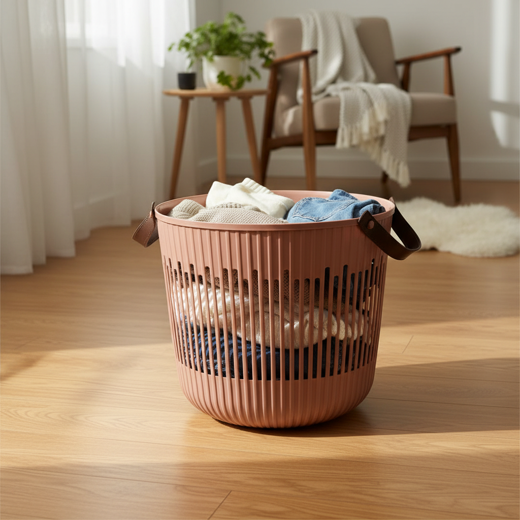 Plastic Laundry Basket with Handle - 30×35 cm - Light Brown / Olive Green / Beige