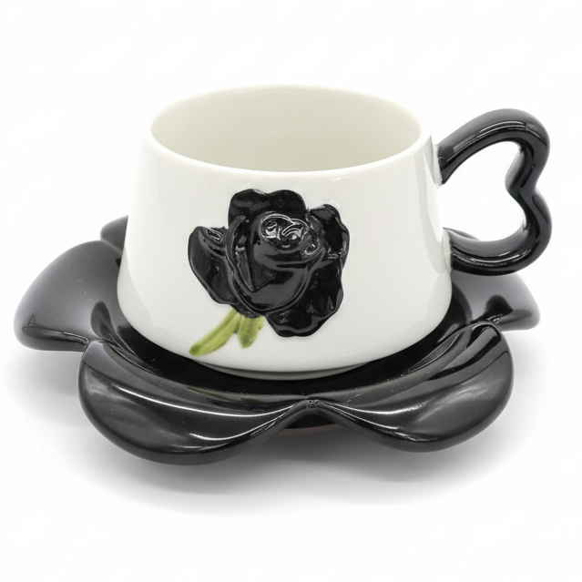 AKDC Ceramic Cup and Saucer Set – Black with White Flower Pattern, 350 ml Coffee & Tea Cup