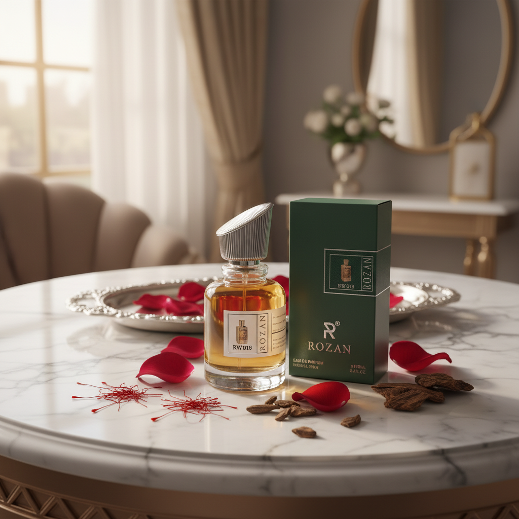 روزن ماء عطر للرجال والنساء – RW018 عطر شرقي خشبي بالزعفران والورد وخشب العود والفانيليا – بخاخ طبيعي يدوم طويلًا – 100 مل | نسخة مستوحاة |