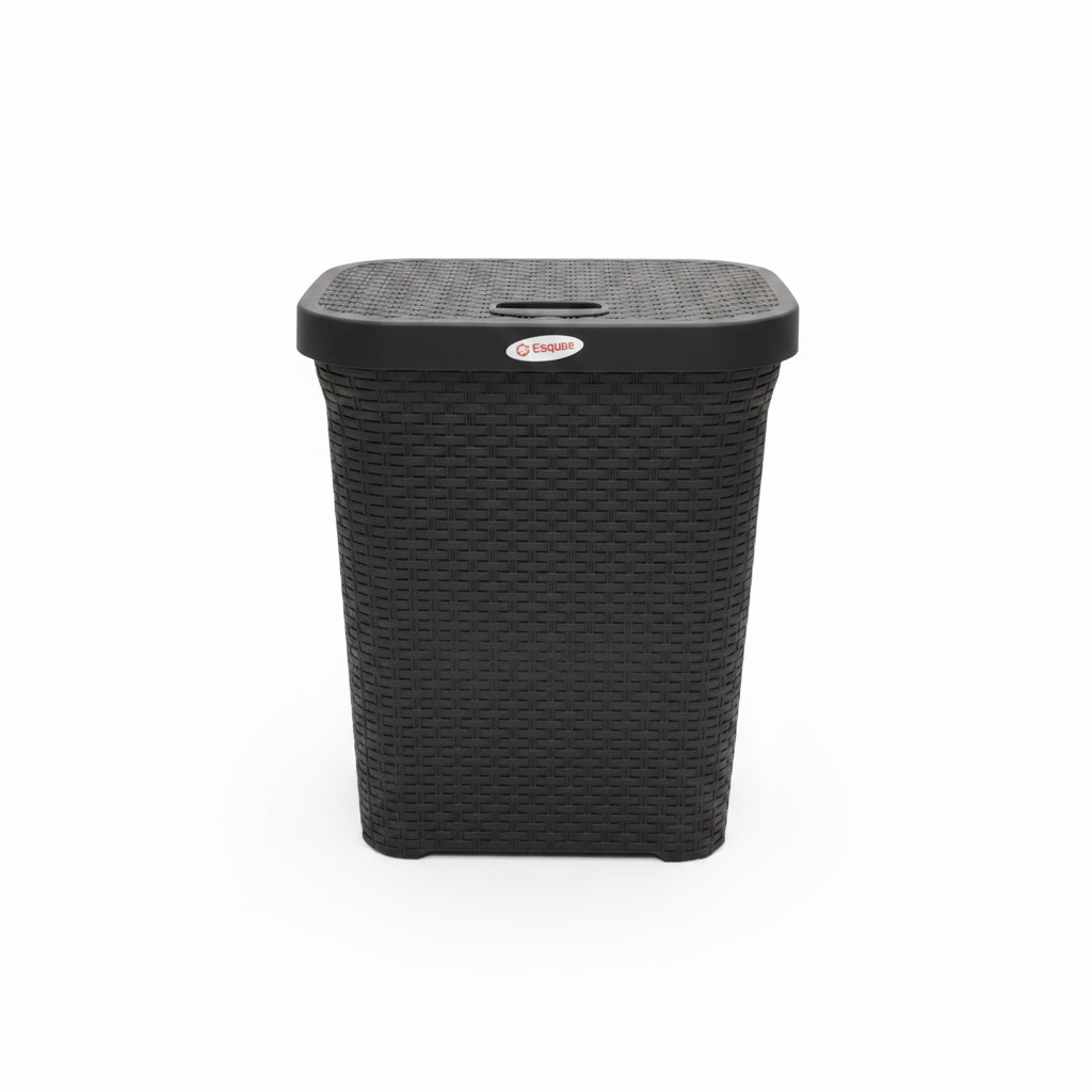 Esqube Delta Plastic Laundry Basket with Lid - 55 × 45 × 33 cm - Dark Brown / Grey / Black