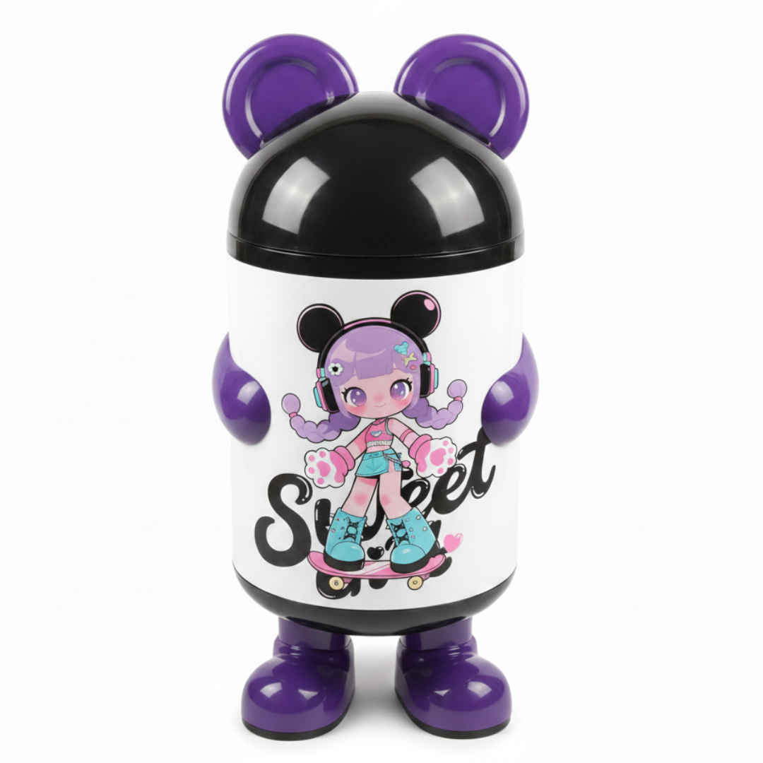 Italo Sweet Girl Cartoon Character Plastic Trash Can | 60cm | White & Purple with Black Lid