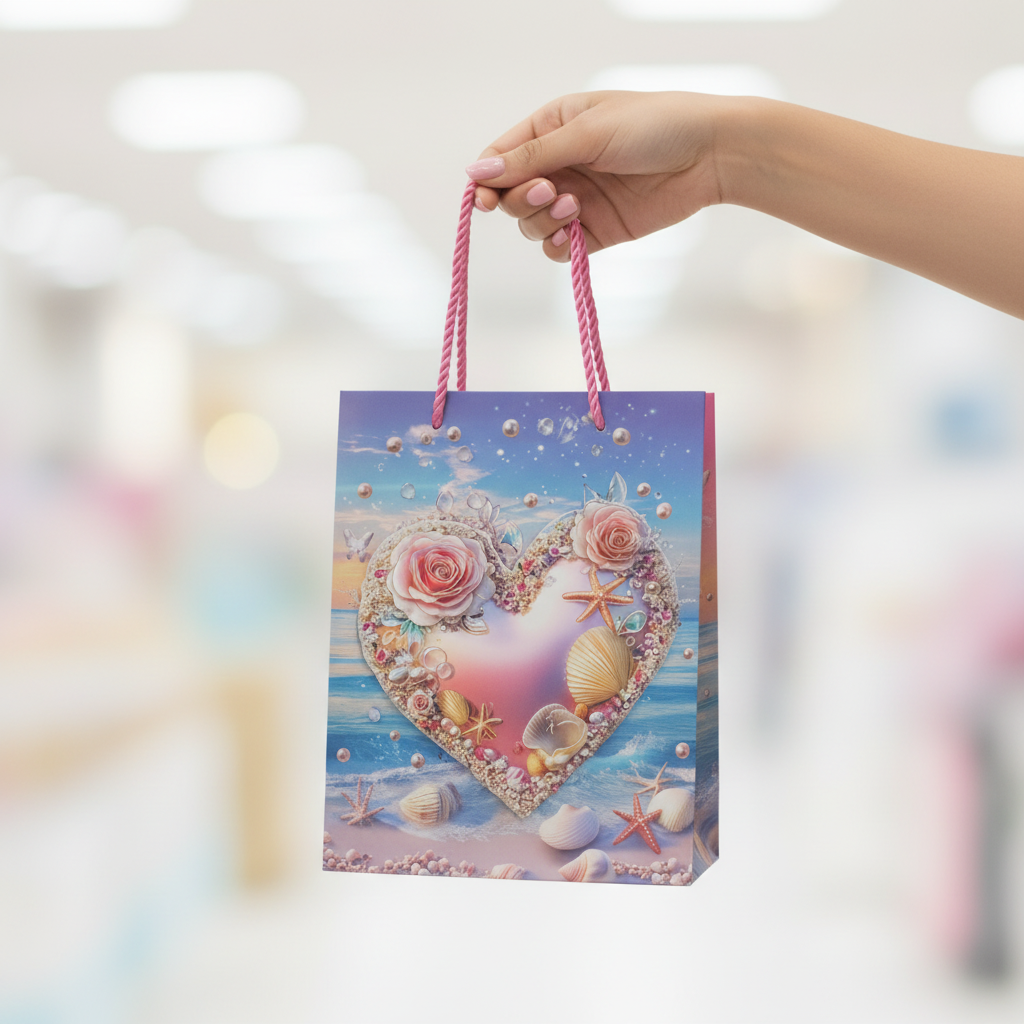 Blue & Pink Ocean Heart Paper Gift Bag - 23×18cm