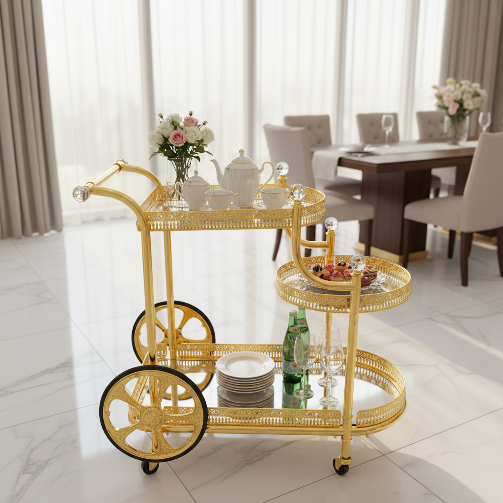 Pilsco 3-Tier Gold Metal & Mirror Glass Serving Trolley Cart | Ornate Filigree Design with Crystal Finials & Decorative Wheels | Luxury Hospitality & Majlis Tea Trolley | 80 x 80x 50 cm