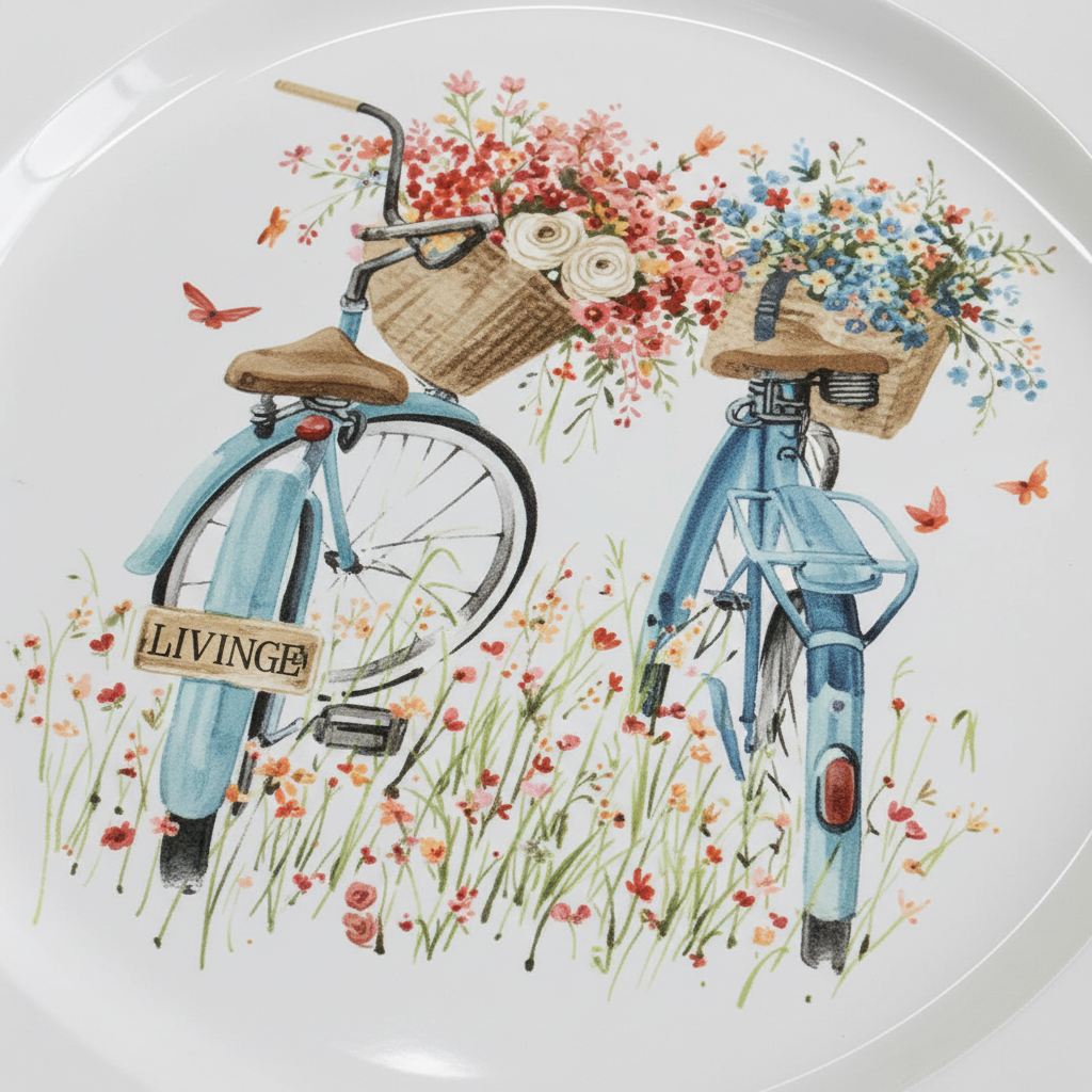 White Round Enamel Tray – Bicycle Garden Print - 35cm