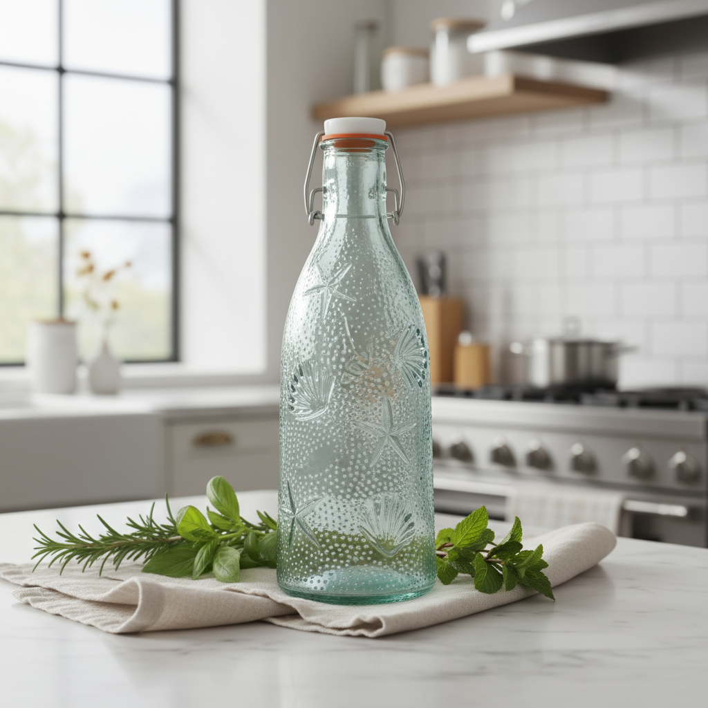 Embossed Botanical Glass Bottle with Swing-Top Lid — 800ml