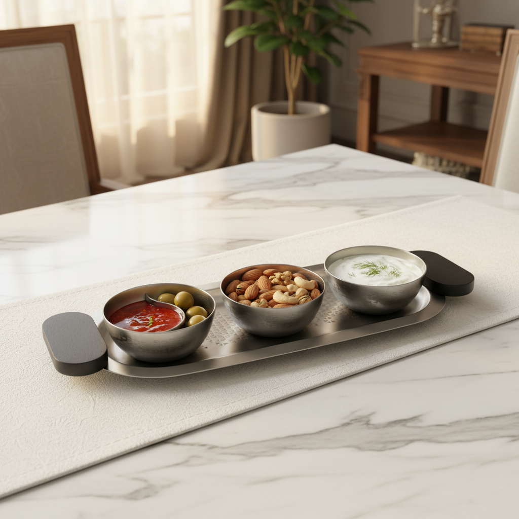 Luhpar Brushed Silver Stainless Steel Serving Tray with 3 Bowls & Black Wooden Handles - 35×15×10 cm