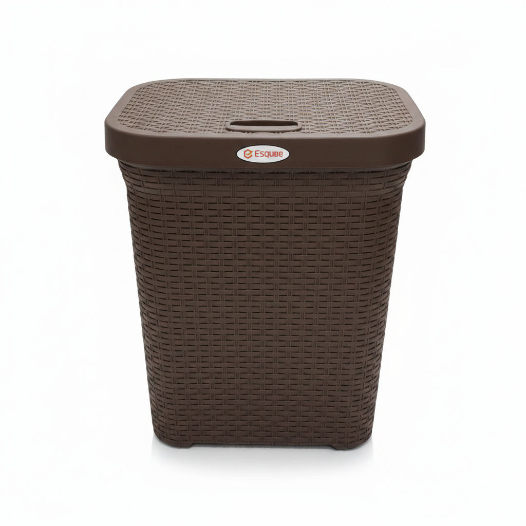 Esqube Delta Plastic Laundry Basket with Lid - 55 × 45 × 33 cm - Dark Brown / Grey / Black