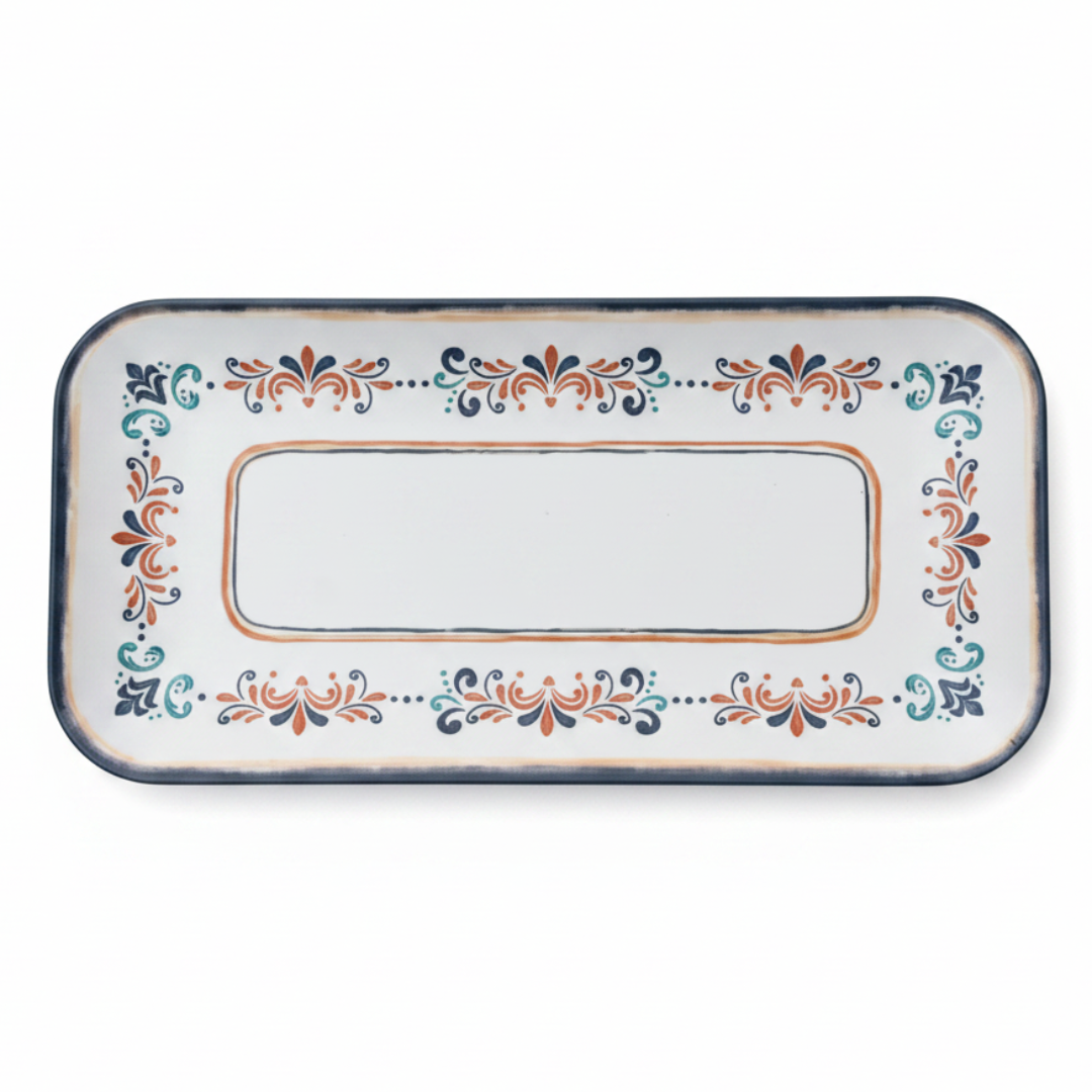 Vague Rectangular Melamine Serving Plate | Navy Blue Folk Art Design | 36×18 cm