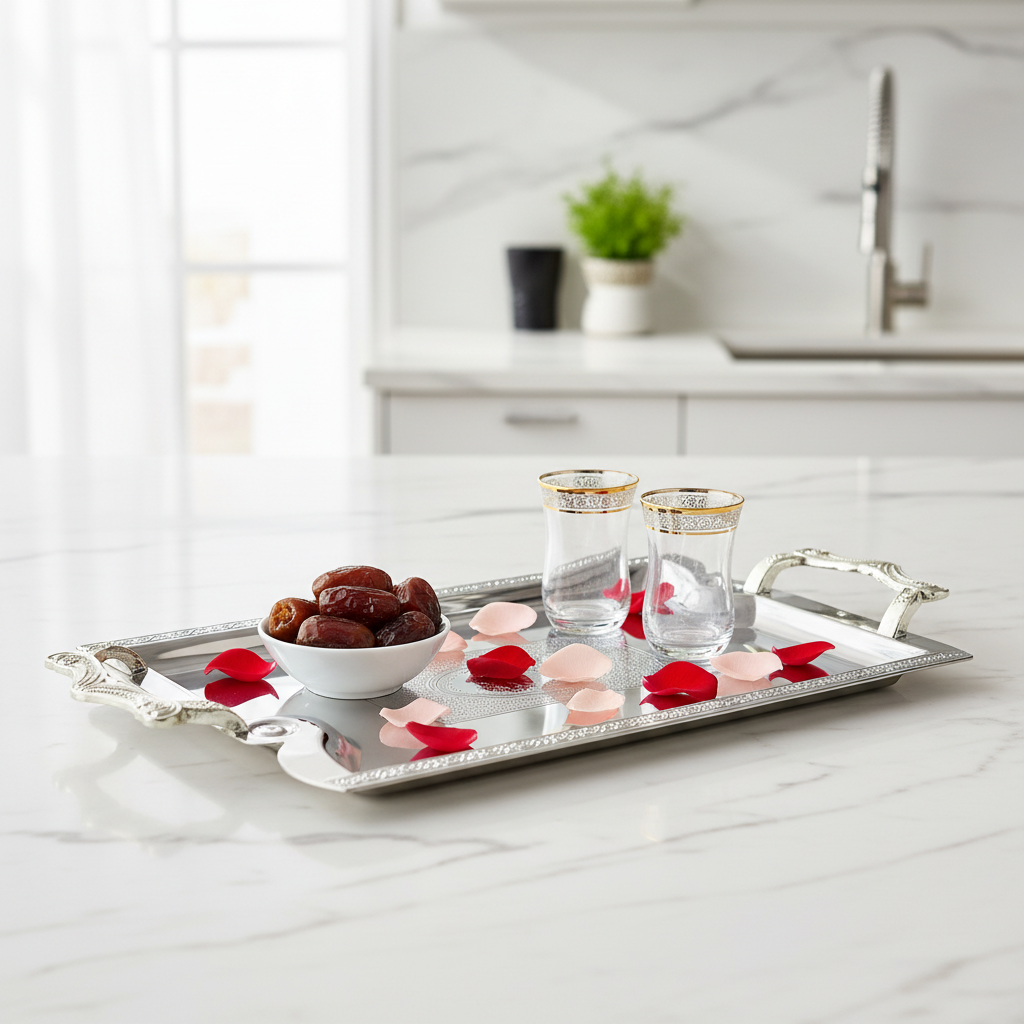 Maximan Silver Stainless Steel Serving Tray with Handles | 33.5 × 23.5 cm | Ornate Engraved Design