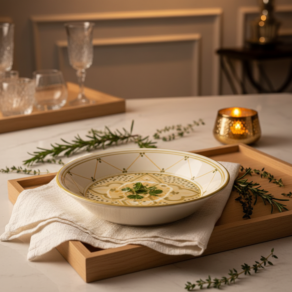 Slama Cream & Olive Gold Ceramic Soup Plate - 23cm
