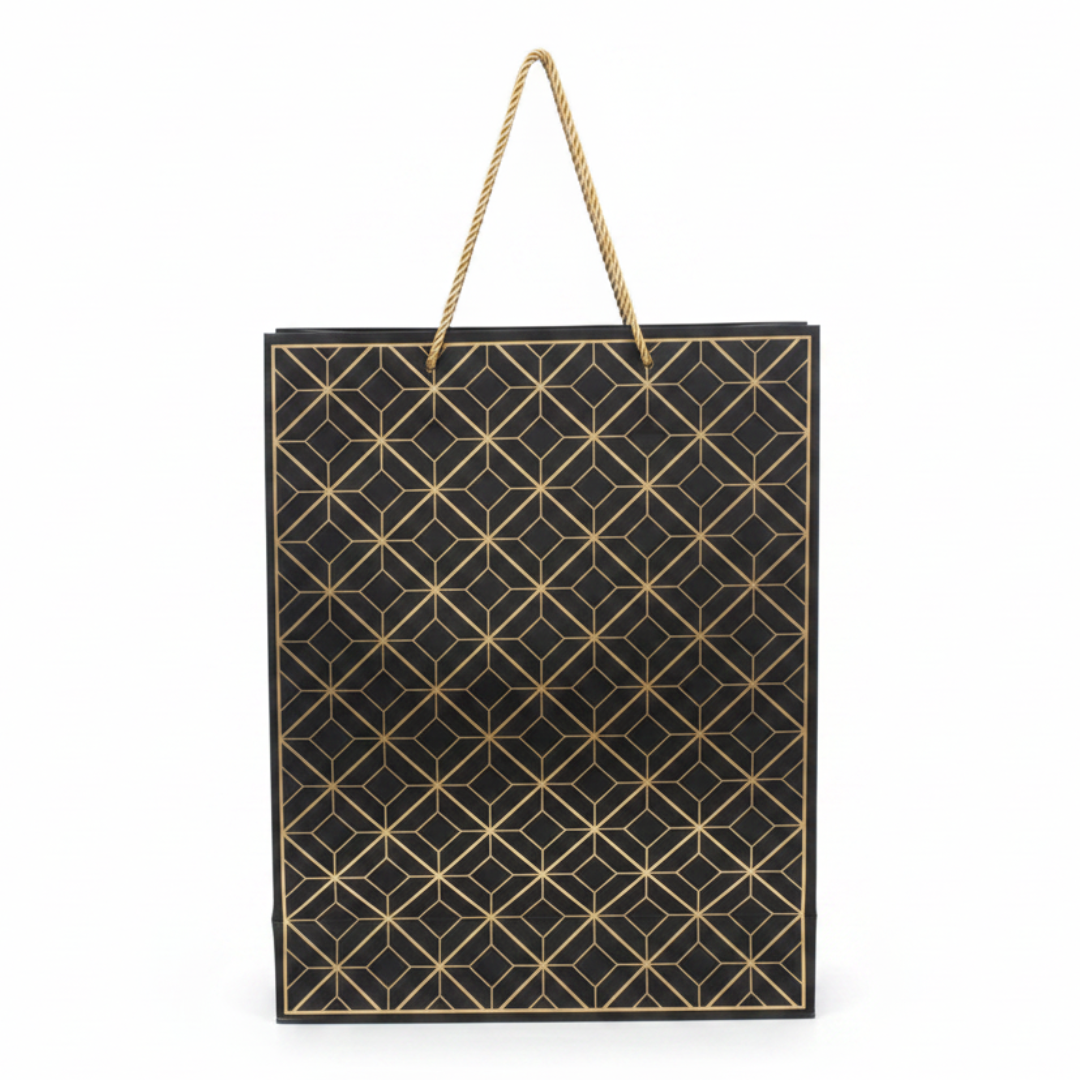Black & Gold Geometric Paper Gift Bag – 40×30cm | Premium Foil Pattern with Twisted Rope Handles |