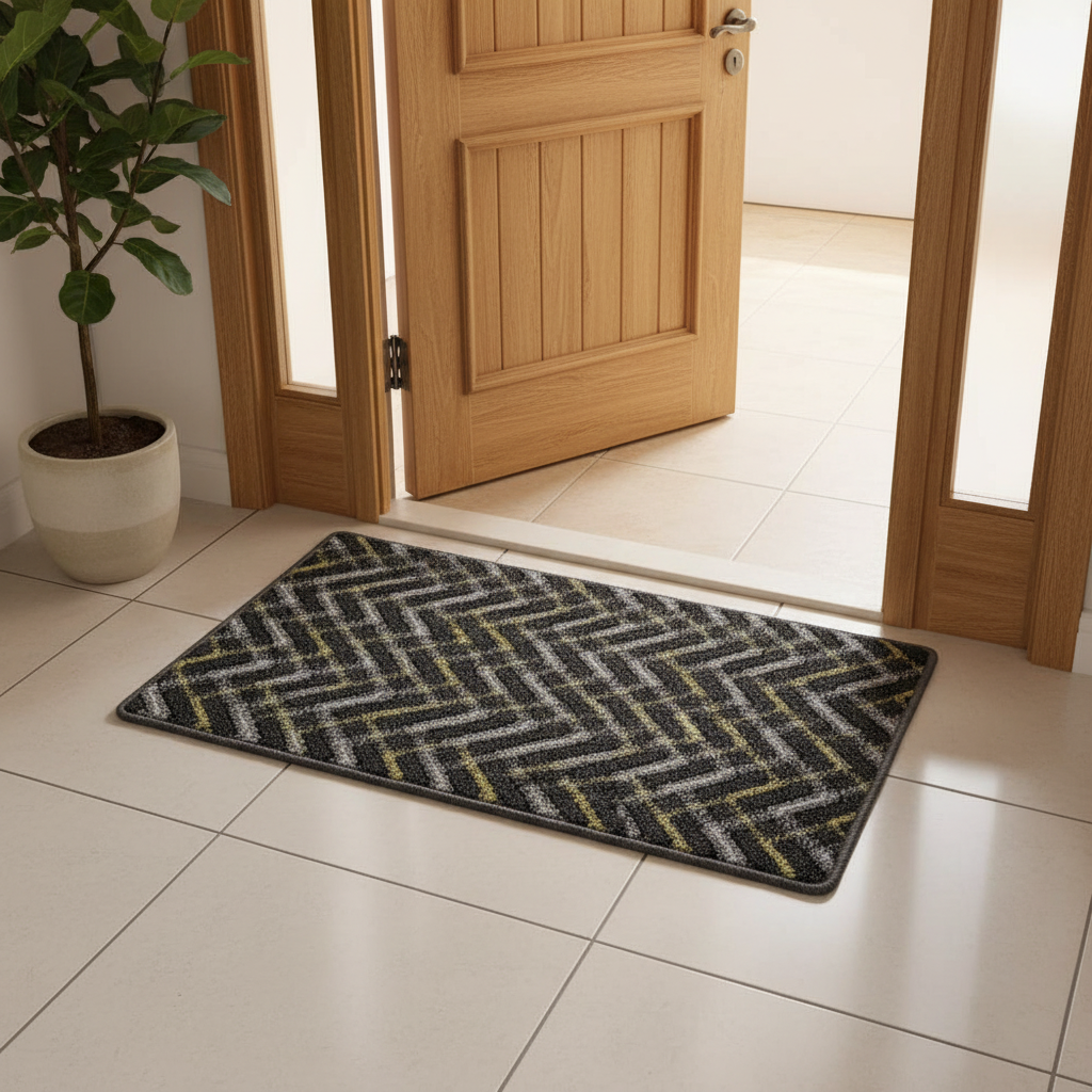 Anti-Slip Rectangle Door Mat 62×38 cm | Chevron Zigzag Pattern | Charcoal, Olive & Silver | Indoor & Outdoor Entrance Rug for Home, Kitchen & Villa
