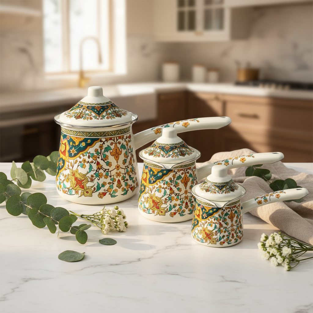 Cream Enamel Coffee Warmer Set With Floral Design – 3 Pcs - 10cm / 9cm / 7cm