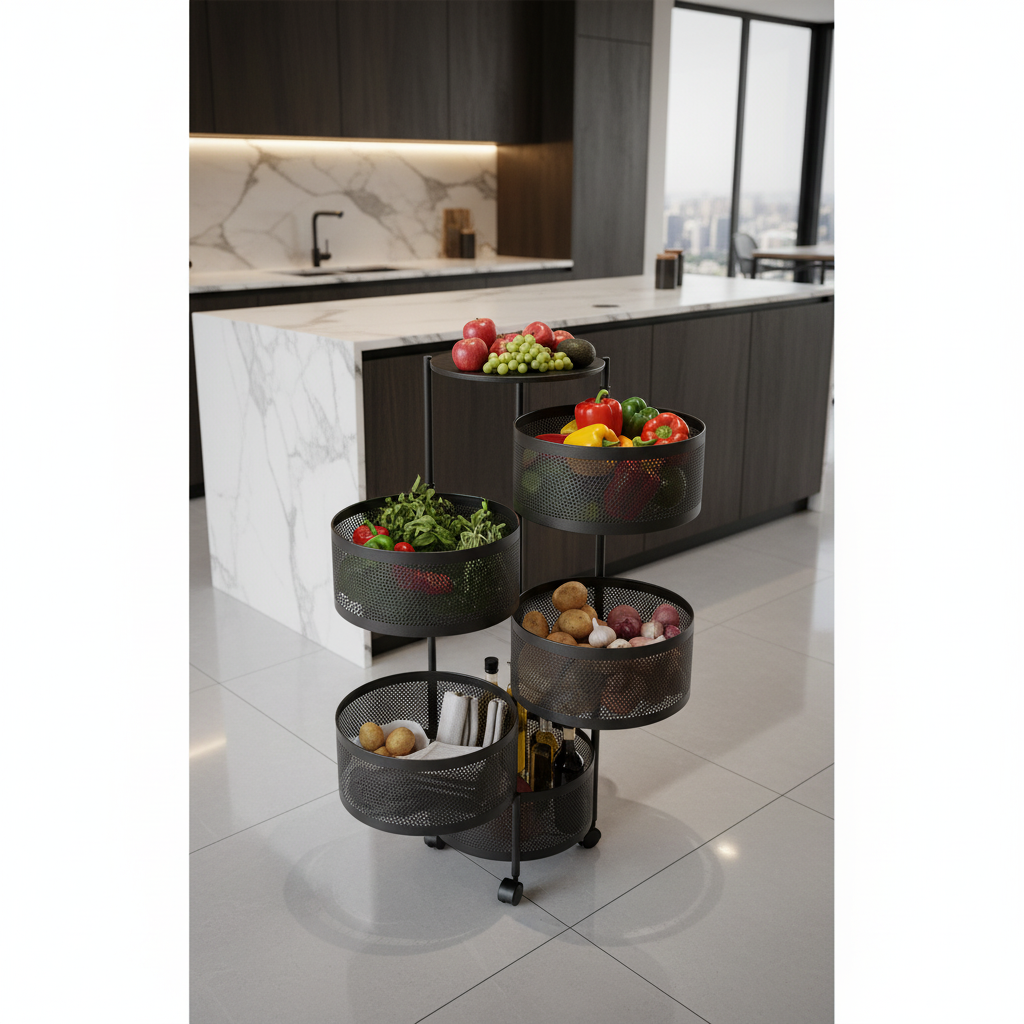 Black 5-Tier Rotating Round Storage Basket with Wheels - 90×30cm