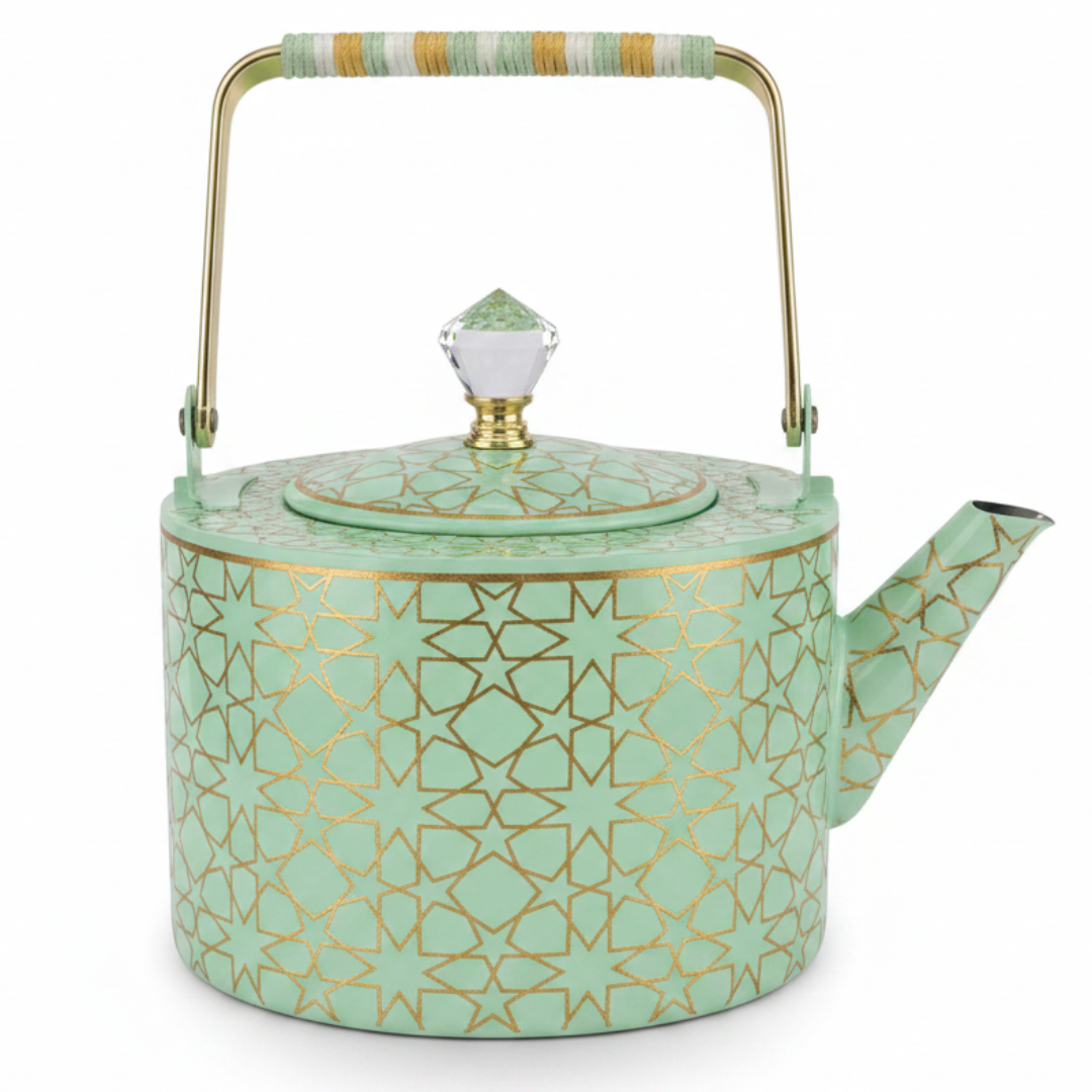 Mint Green & Gold Islamic Geometric Metal Tea Kettle with Crystal Lid Knob | Elegant Arabic Tea Serving Kettle | 2 Litre